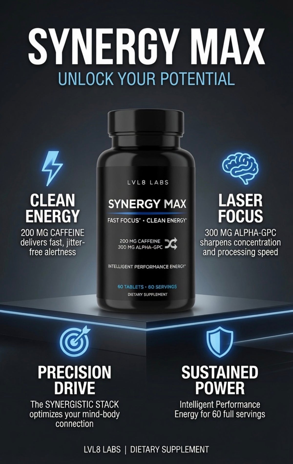 Synergy Max™ Nootropic Energy Supplement | 200 mg Caffeine + 300 mg Alpha-GPC | Clean Energy & Focus | 60 Tablets | 60 Servings