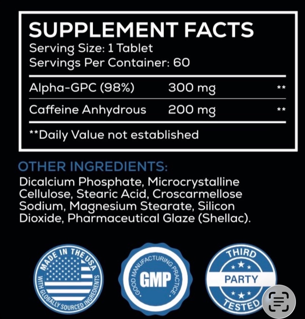 Synergy Max™ Nootropic Energy Supplement | 200 mg Caffeine + 300 mg Alpha-GPC | Clean Energy & Focus | 60 Tablets | 60 Servings