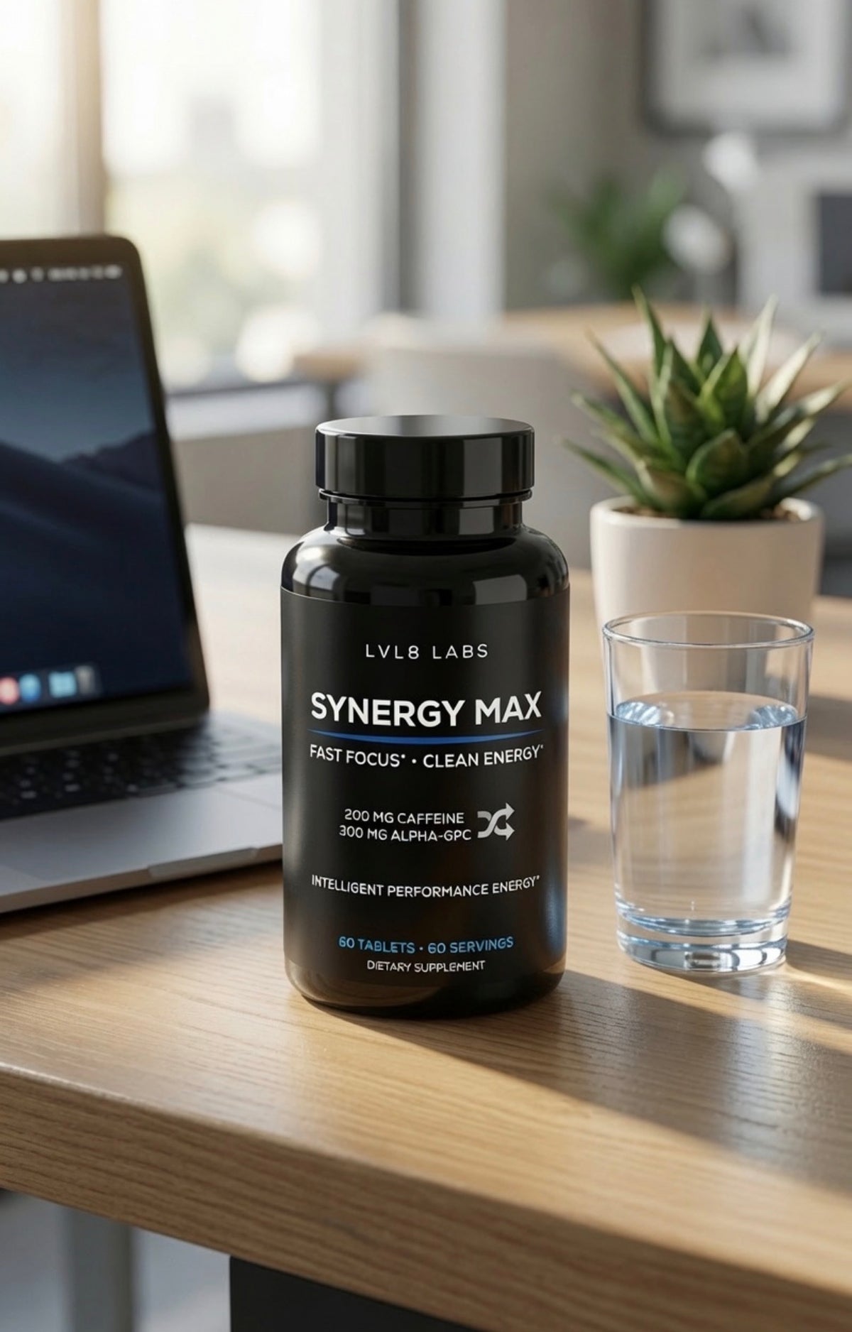 Synergy Max™ Nootropic Energy Supplement | 200 mg Caffeine + 300 mg Alpha-GPC | Clean Energy & Focus | 60 Tablets | 60 Servings